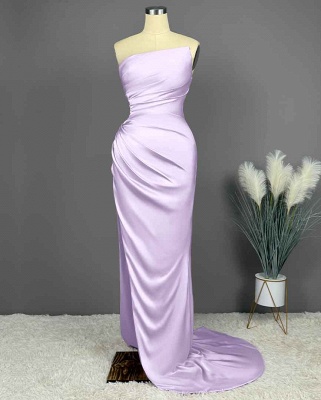 Elegant Strapless Sleeveless Column Satin Prom Dresses with Ruffles_15