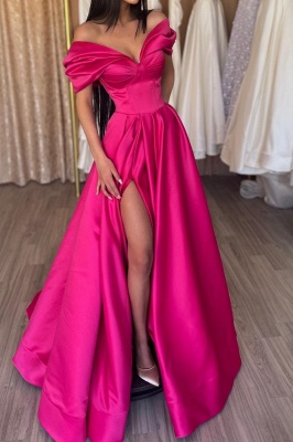 Fabulous Off-The-Shoulder V-Neck  Floor-Length Satin A-Line Prom Dresses with Split_1