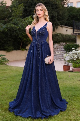 Deluxe V-Neck Sleeveless A-Line Sequined Prom Dresses_5