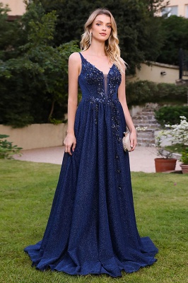 Deluxe V-Neck Sleeveless A-Line Sequined Prom Dresses_3