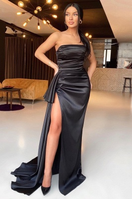 Chic Strapless Sleeveless Split Front Satin Prom Dresses with Sweep Train_1