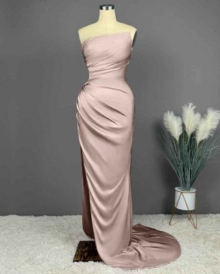 Elegant Strapless Sleeveless Column Satin Prom Dresses with Ruffles_4