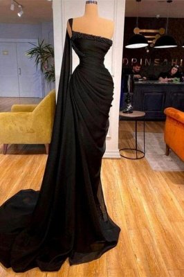 Chic Black One-Shoulder Sleeveless Mermaid Satin Prom Dresses with Beads