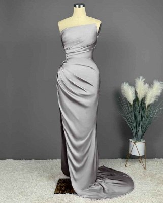 Elegant Strapless Sleeveless Column Satin Prom Dresses with Ruffles_5