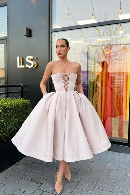 Beautiful Strapless Tea-Length Satin A-Line Prom Dresses with Pockets