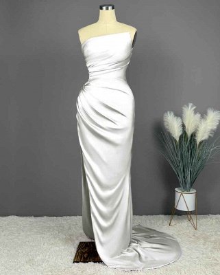 Elegant Strapless Sleeveless Column Satin Prom Dresses with Ruffles_3