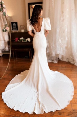 Elegant Square Neck Short Sleeves Satin Mermaid Wedding Dresses_2