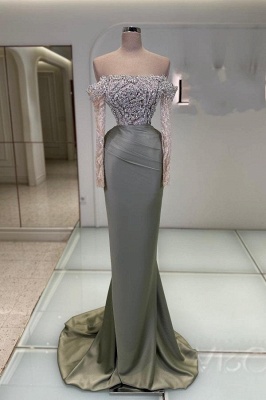 Deluxe Sequined Strapless Long Sleeves Satin Mermaid Prom Dresses_1