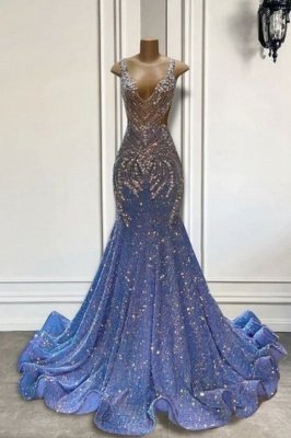Glamorous V-Neck Sleeveless Mermaid Sequined Prom Dresses with Train