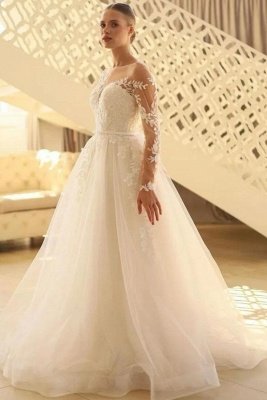 Trendy Bateau Long Sleeves A-Line Lace Tulle Floor-Length Wedding Dresses