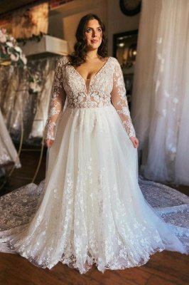 Stylish V-Neck Long Sleeves Tulle Lace A-Line Wedding Dresses