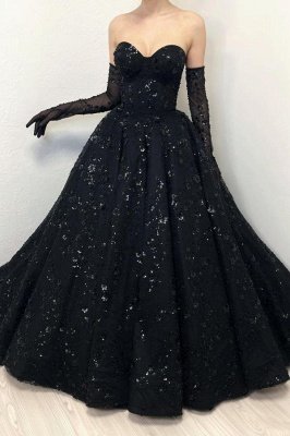 Stunning Black Sweetheart Strapless A-Line Lace Floor-Length Wedding Dresses