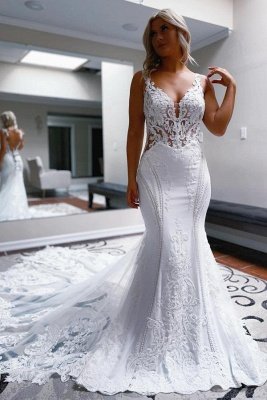 Glamorous V-Neck Spaghetti Straps Sleeveless Lace Mermaid Wedding Dresses with Open Back