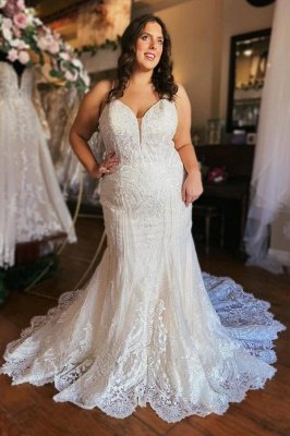 Beautiful V-Neck Spaghetti Straps Sleeveless Mermaid Lace Wedding Dresses