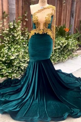 Beautiful One-Shoulder Long Sleeves Velvet Mermaid Prom Dresses