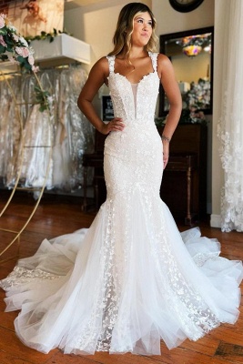 Exquisite V-Neck Sleeveless Tulle Lace Mermaid Wedding Dresses