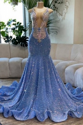Gorgeous Deep V-Neck Sleeveless Sequined Mermaid Prom Dresses