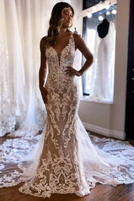 Elegant V-Neck Sleeveless Lace Mermaid Backless Wedding Dresses