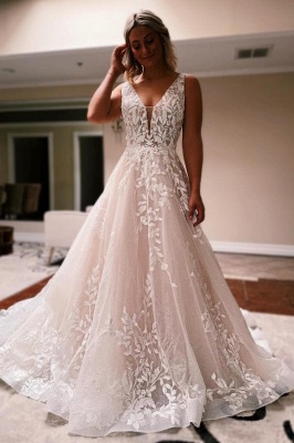 Stunning A-Line V-Neck Sleeveless Lace Tulle Wedding Dresses