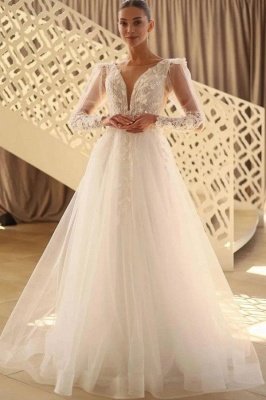 Exquisite White Bateau Long Sleeves Floor-Length A-Line Tulle Lace Wedding Dresses