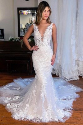 Fabulous Deep V-Neck Sleeveless Mermaid Lace Tulle Wedding Dresses