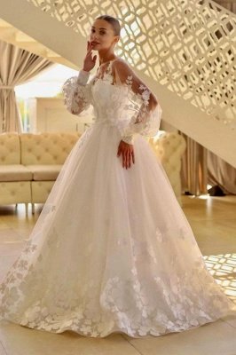 Chic White Jewel Neck Long Sleeves A-Line Floor-Length Tulle Wedding Dresses with Appliques