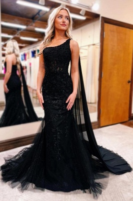Elegant One-Shoulder Sleeveless Black Mermaid Lace Prom Dresses with Train