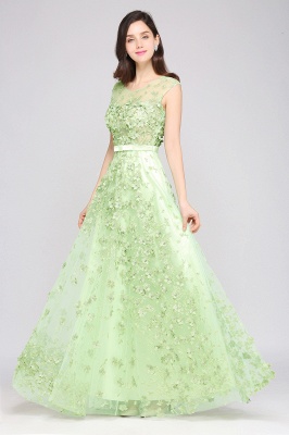 A-line Floor Length Tulle Green Prom Dresses with Appliques_6