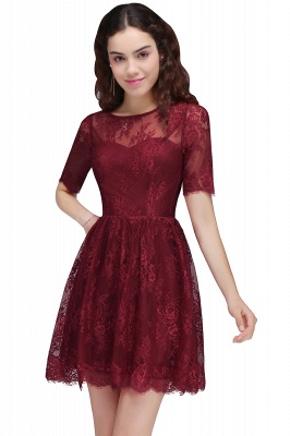 A-Line Round Neck Short Lace Burgundy Homecoming Dress_1