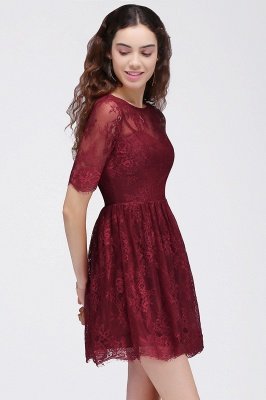 A-Line Round Neck Short Lace Burgundy Homecoming Dress_4