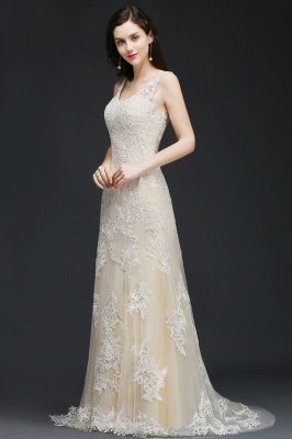 A-line V-Neck Sweep Train Champagne Prom Dresses with Buttons_5