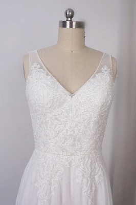Elegant Long V-neck Chiffon A-Line Appliques Lace Pearl Wedding Dress_3