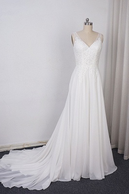 Elegant Long V-neck Chiffon A-Line Appliques Lace Pearl Wedding Dress_1