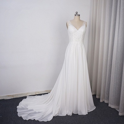 Elegant Long V-neck Chiffon A-Line Appliques Lace Pearl Wedding Dress_5