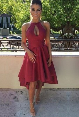 Sexy Burgundy Homecoming Dresses Halter Keyhole Neck Hi-Lo Backless Party Dress_2