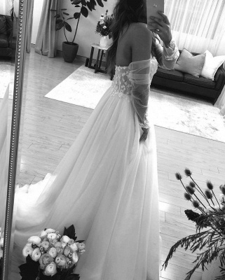 Off The Shoulder Backless Applique Tulle A Line Wedding Dresses_2