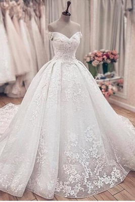 Off the Shoulder Lace Ball Gown Wedding Dresses with Lace-up Back_1