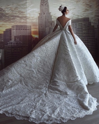 Gorgeous Sweetheart V Back Off The Shoulder Crystal Sequin Applique Pleated Ball Gown Wedding Dresses_4