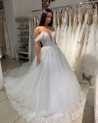 Sexy Off The Shoulder Sweetheart Tulle A  Line Wedding Dresses With Pleated_3