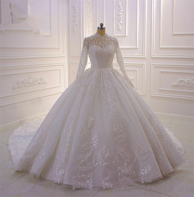 Gorgeous Long Sleeve High Neck Applique Ball Gown Wedding Dresses | Sequin Floor Legnth Wedding Gown_2