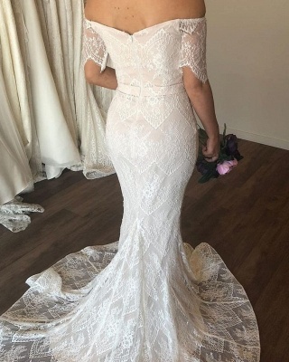 Graceful Sweetheart Off The Shoulder  Lace Mermaid Wedding Dresses | Short Sleeve Bridal Gown_2
