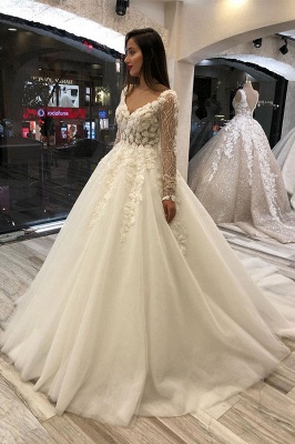 Luxurious Sweetheart V Back Long Sleeve Applique Floral Ball Gown Puffy Wedding Dresses_1