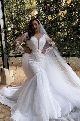 Plus Size Jewel Long Sleeve Applique Crystal Sequin Sash Mermaid Wedding dresses_1