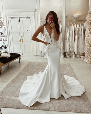 Elegant Long Mermaid Satin Backless V-neck Wedding Dress_2