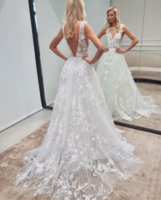 Beautiful Long V-neck A-line Tulle Lace Backless Wedding Dress_2