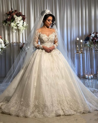 Jewel Lace Ball Gown Wedding Dresses with Long Sleeves_2