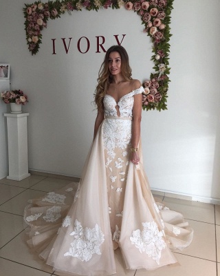 Sweetheart Cap Sleeve Applique Sheath Tulle Wedding Dresses With Detachable Skirt_2