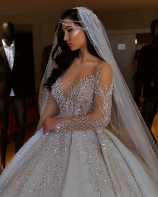 Luxury Jewel Long Sleeve Crystal Beaded Pleated Ball Gown Wedding Dresses_4
