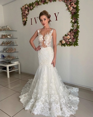 Straps Jewel Applique Tulle Fit And Flare Pleated Mermaid Wedding Dresses_3