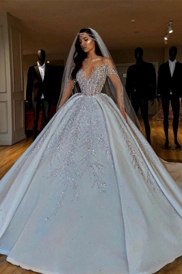 Luxury Jewel Long Sleeve Crystal Beaded Pleated Ball Gown Wedding Dresses_1